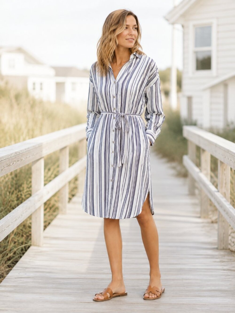 Gentle Fawn Striped Button-Up Long Sleeve Dress | Size Medium